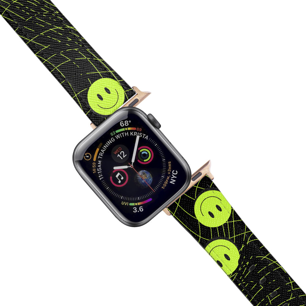 Apple Watch Black Band Acid Smiley Desenli Kordon